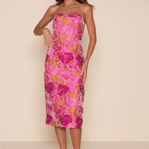 Lulu's Upgraded Event Pink Jacquard Strapless Bustier Midi Dress